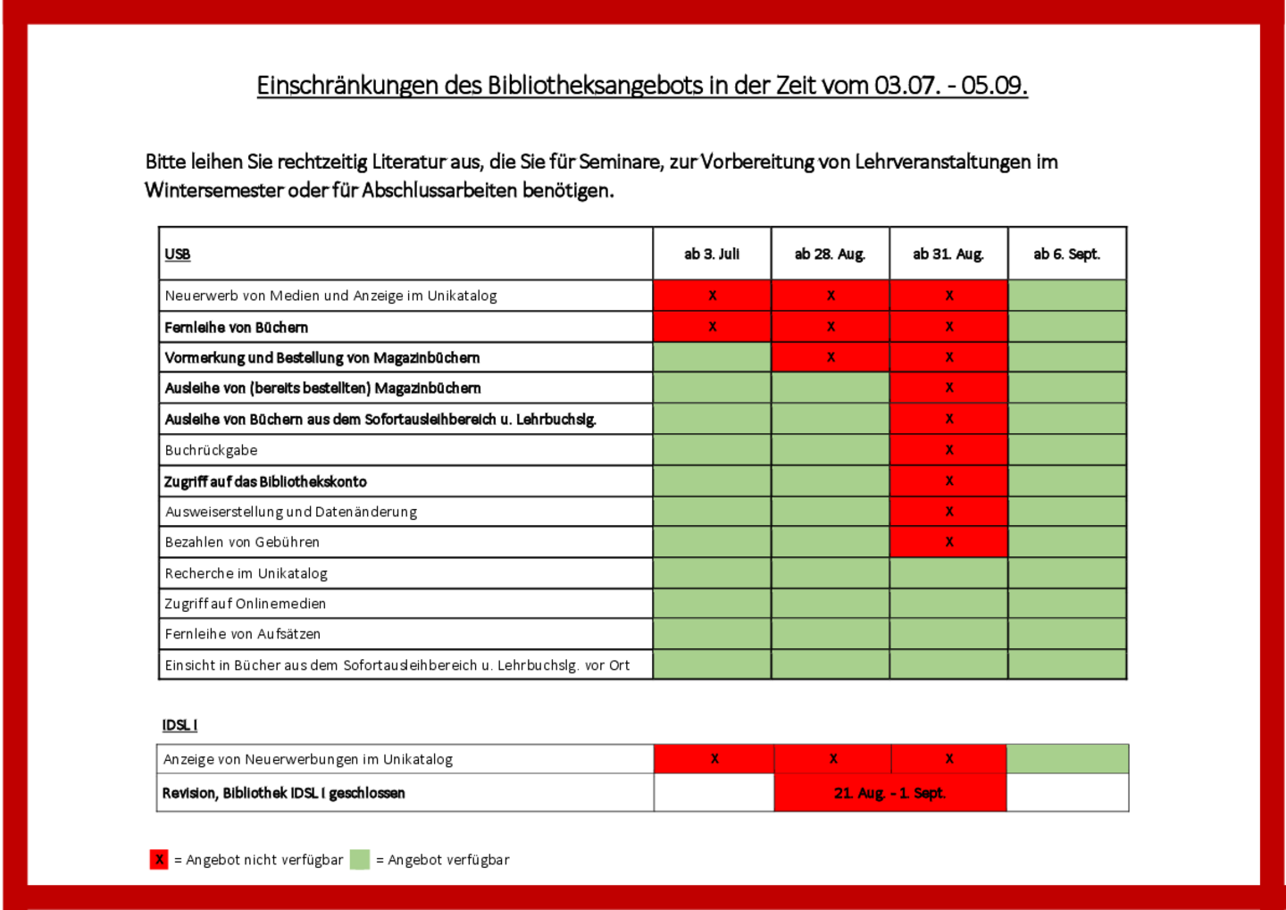 03.07.2023 Einstellung der Fernleihe von Büchern aus anderen Bibliotheken und Einstellung der Neuanschaffung von Medien ; 28.08.2023 : Einstellung der Bestell-/Vormerkmöglichkeit zur Ausleihe und Einstellung des Campuslieferdiensts sowie der Fernleihe an andere Bibliotheken ; 31.08.2023 : Einstellung von Ausleih- und Rückgabebetrieb, Benutzeranmeldung und Konto- und Bezahlfunktionen ; 06.09.2023 : Alle Services werden sukzessive wieder zur Verfügung gestellt. Zugänglich bleibt ständig: Recherche im Unikatalog, Nutzung der Onlineressourcesn, Fernleihe von Aufsätzen, Einsicht in Bücher im Freihandmagazin ; Die Bibliothek des IDSL I bleibt vom 21.8.-1.9.23 geschlossen wegen Bestandsüberprüfung.